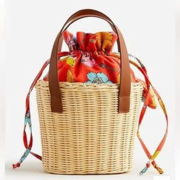 J CREW DAUPHINETTE WICKER BASKET HANDBAG LEATHER STRAPS NWT